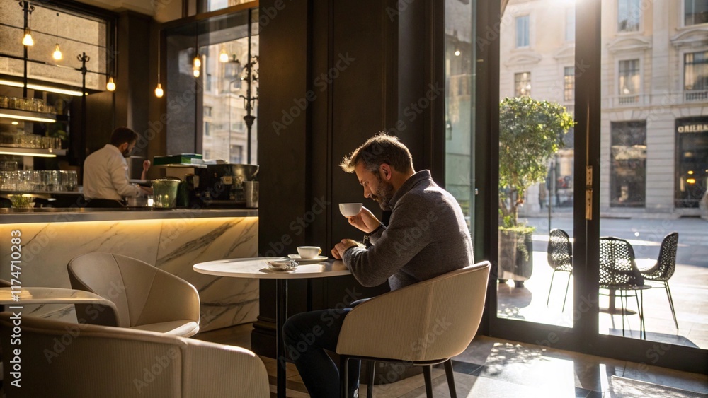 A man enjoying an espresso in a chic cafe A man enjoying an espresso in a chic cafe