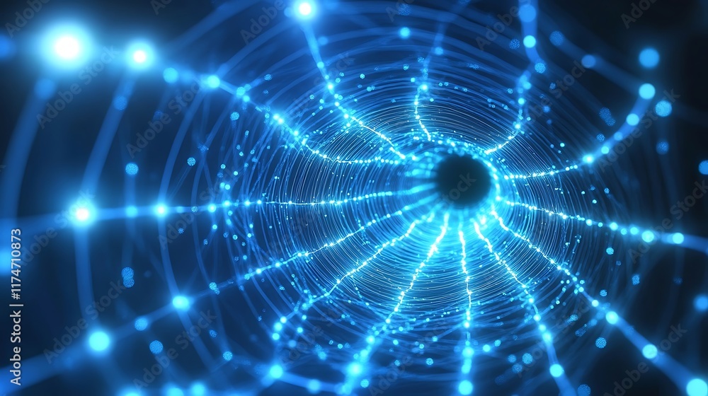 Obraz premium Abstract data tunnel with blue light waves and connected dots