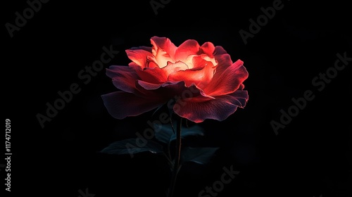 Fototapeta Naklejka Na Ścianę i Meble -  Glowing red rose on black background.