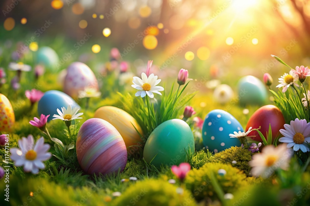 Easter Eggs Nestled in Spring Flowers and Grass - Low Light Photography Easter Eggs Nestled in Spring Flowers and Grass - Low Light Photography