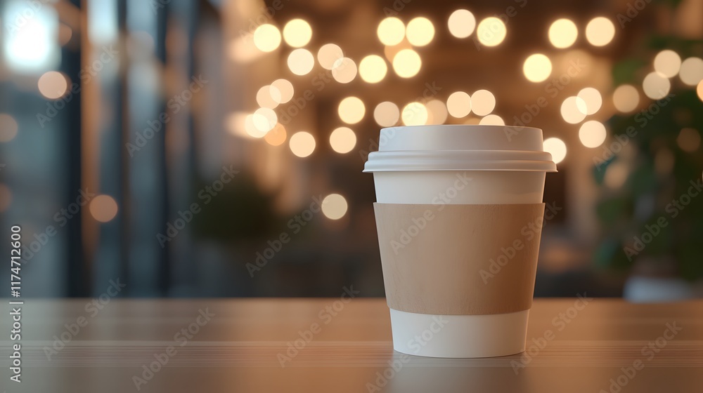 A coffee cup mockup template on a desk with a bokeh background effect A coffee cup mockup template on a desk with a bokeh background effect
