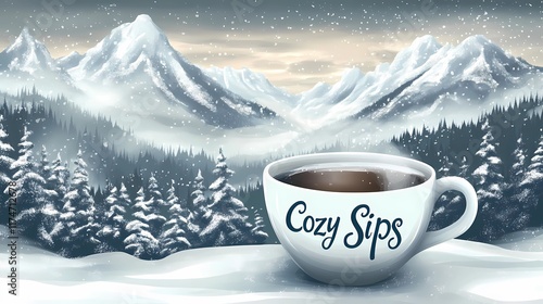 Wallpaper Mural Coffee mug on a frosty table with snowflakes in the air, capturing the essence of winter, book illustration style Torontodigital.ca