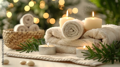 Luxurious Spa Inspired Setting with Candles Towels and Serene Ambiance