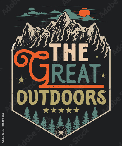 graphic print design for apparel. Summer camp. Mountain adventure. Mountain with tree vintage print design. the great outdoors. graphic