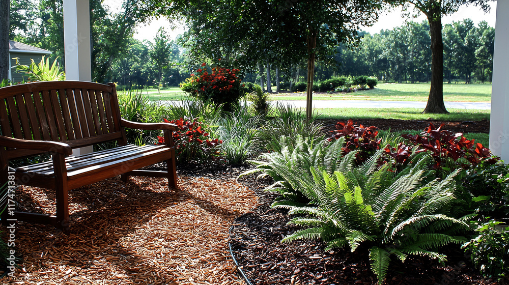 Obraz premium Tranquil Garden Retreat with Wooden Bench