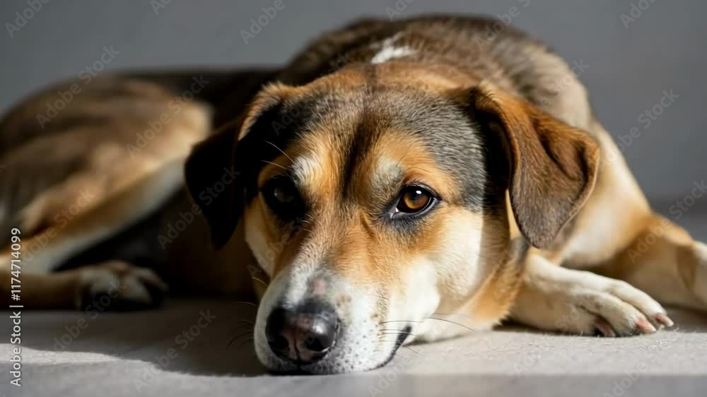 Curious dog relaxing and looking around in sunlit room Curious dog relaxing and looking around in sunlit room