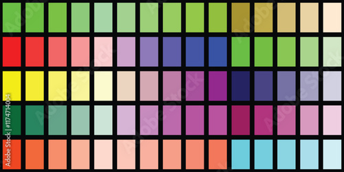 color chart. RGB, CMYK, Pantone, HEX HTML codes. Vector color palette.