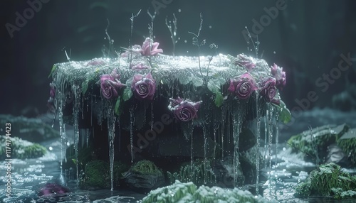 A surreal floating island with time frozen in mid moment and water cascading skyward photo