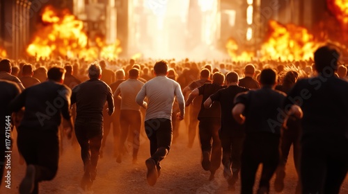 crowd of individuals is sprinting away from a fiery explosion in the city, engulfed in smoke and chaos, showcasing a desperate flight from danger in a dramatic setting
