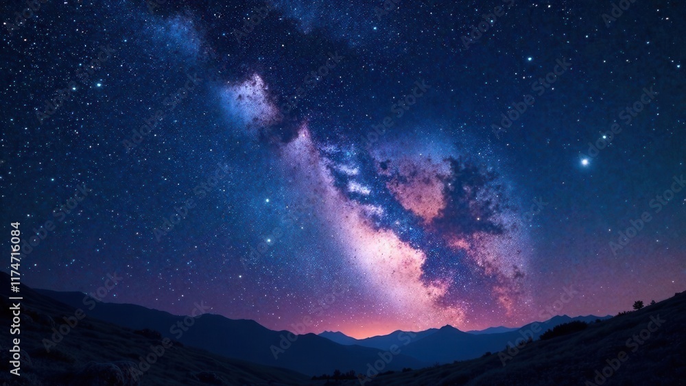 Serene Night Sky Above a Mountain Range, Illuminated by a Vivid Milky Way Galaxy Displaying Cosmic Dust and Star Clusters Serene Night Sky Above a Mountain Range, Illuminated by a Vivid Milky Way Galaxy Displaying Cosmic Dust and Star Clusters