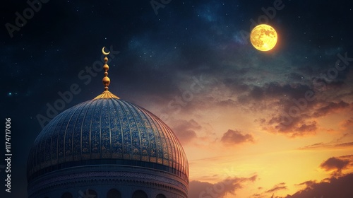 Greeting Miraj Musque Dome Night Building with Sky Moon Sunset Background Mubaruk Greeting Islam Ramadan Element Masjid Aqsa Hajj Kaaba Umrah Eid Arabian Religion Islamic Muhammad Arab Muslim photo