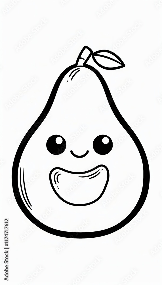 A cute smiling pear with big eyes. Perfect for coloring books, children's illustrations, or educational materials related to fruits and healthy eating. A cute smiling pear with big eyes. Perfect for coloring books, children's illustrations, or educational materials related to fruits and healthy eating.