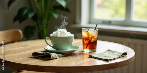 Wallpaper Mural Aromatic steam rises from a cup of frothy beverage, alongside an iced drink on a wooden table; a tranquil morning scene Torontodigital.ca