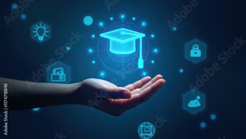 Hand holding virtual graduation cap; online learning, future education.