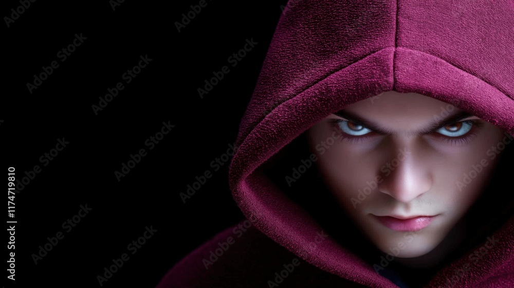 young man with piercing eyes stares directly at the viewer, wearing a deep red hood. striking contrast with the dark background enhances the intensity of his expression and presence young man with piercing eyes stares directly at the viewer, wearing a deep red hood. striking contrast with the dark background enhances the intensity of his expression and presence
