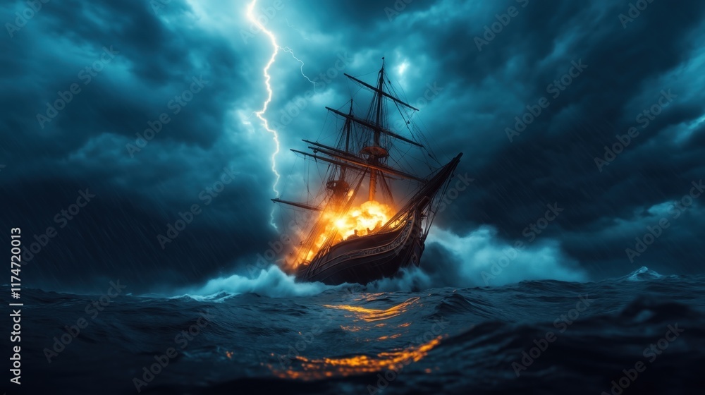Obraz premium ship is engulfed in flames while battling fierce waves during a storm. Dark clouds loom above, illuminated by bright lightning, creating a scene of chaos on a turbulent sea