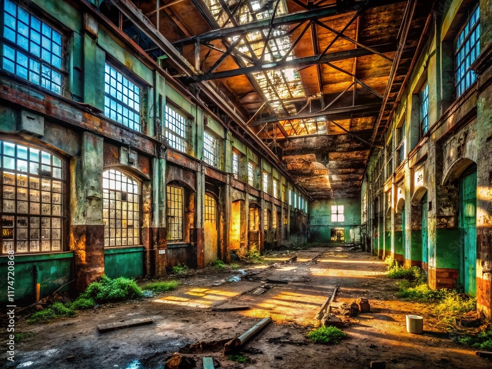 Fototapeta premium Abandoned Urban Building Interior, Decaying Structure, Grungy Walls, Industrial Ruins, Exploration Photography