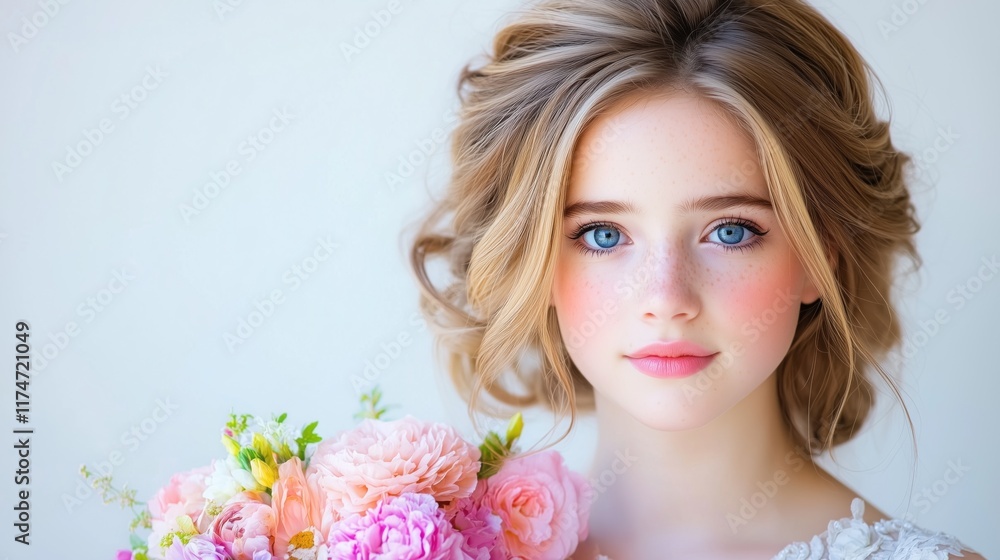Fototapeta premium young woman with light brown hair and bright blue eyes gently holds a lush bouquet of pink and cream flowers. background is softly blurred, creating a calm atmosphere