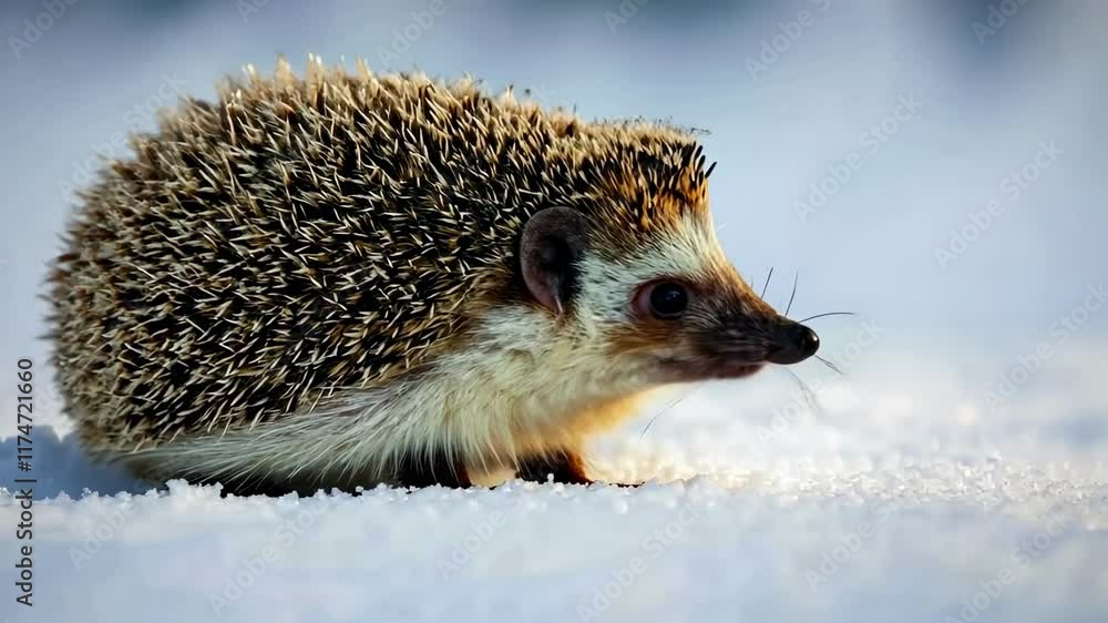 Curious hedgehog exploring winter landscape with cautious steps Curious hedgehog exploring winter landscape with cautious steps
