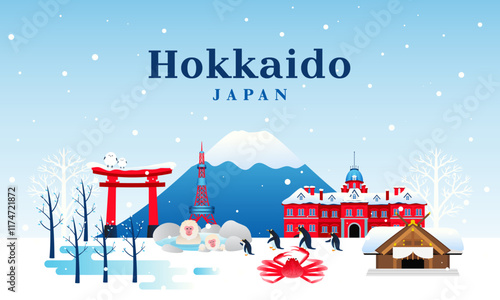 Hokkaido Japan winter landscape attraction background vector design.