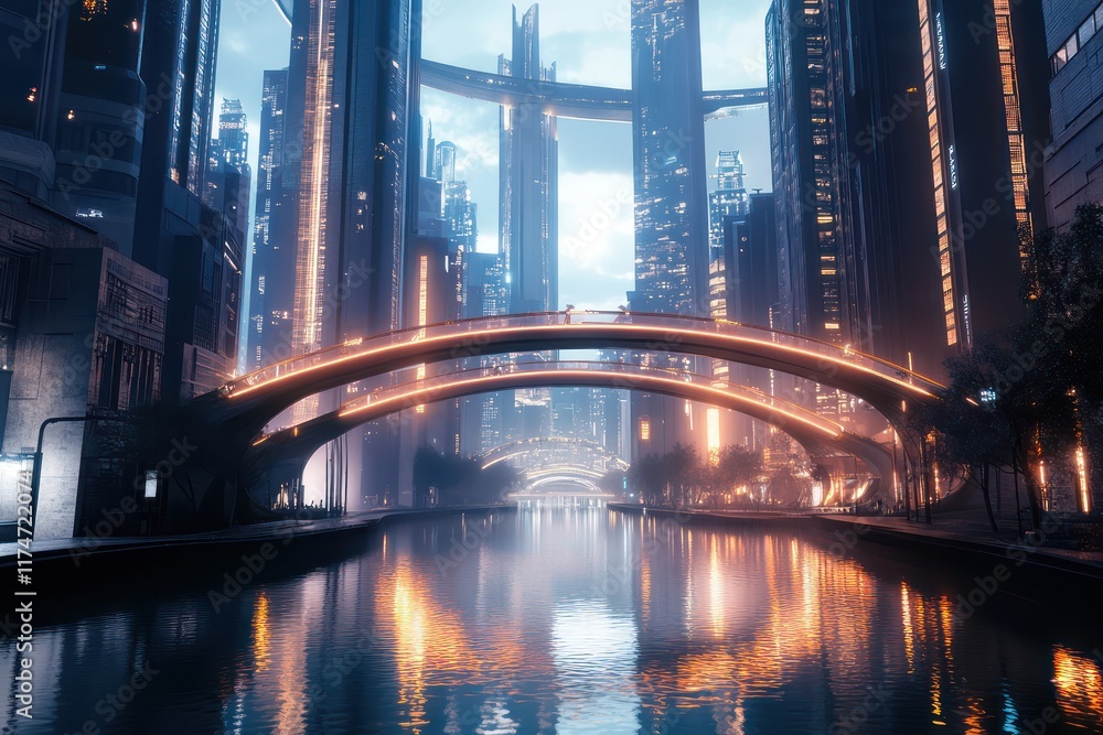 Fototapeta premium A modern downtown with a futuristic bridge connecting glowing skyscrapers above a peaceful canal
