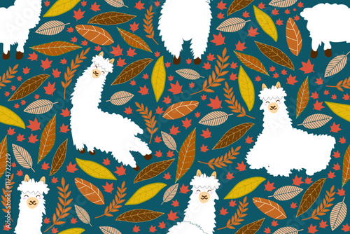 Alpaca with leaves Autumn seamless pattern