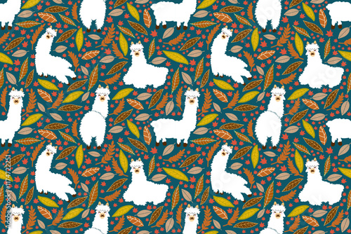 Alpaca with leaves Autumn seamless pattern