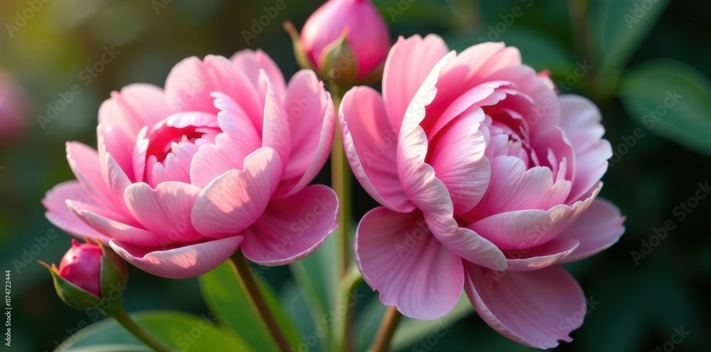 Fresh pink peony and rose blossoms Close-up, ample copy space , macro, lush Fresh pink peony and rose blossoms Close-up, ample copy space , macro, lush
