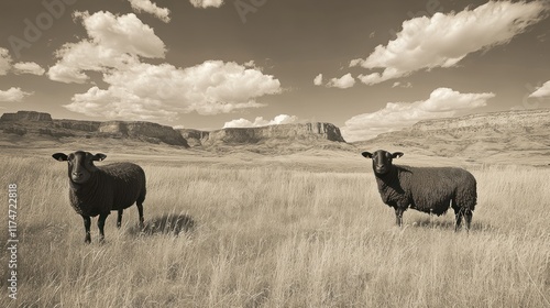 Two sheep stand in a grassy landscape under a cloudy sky, creating a serene rural scene.