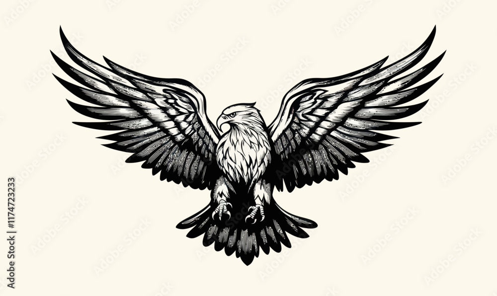 Obraz premium Majestic Flying Eagle Logotype Mascot in Engraving Style Vector Illustration