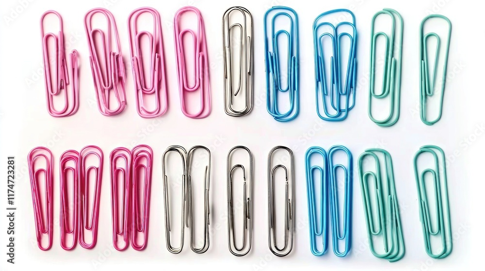 A collection of colorful paper clips arranged in rows. A collection of colorful paper clips arranged in rows.