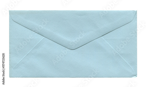 front view of old closed aged light blue paper DL envelope isolated on white