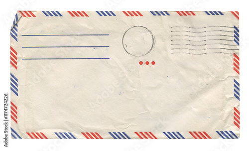 back view of old closed aged airmail DL envelope with faded stamp isolated on white