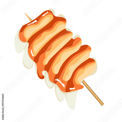 Tokpokki or Rice Cake Skewer with Spicy Sauces Illustration Isolated on White Background