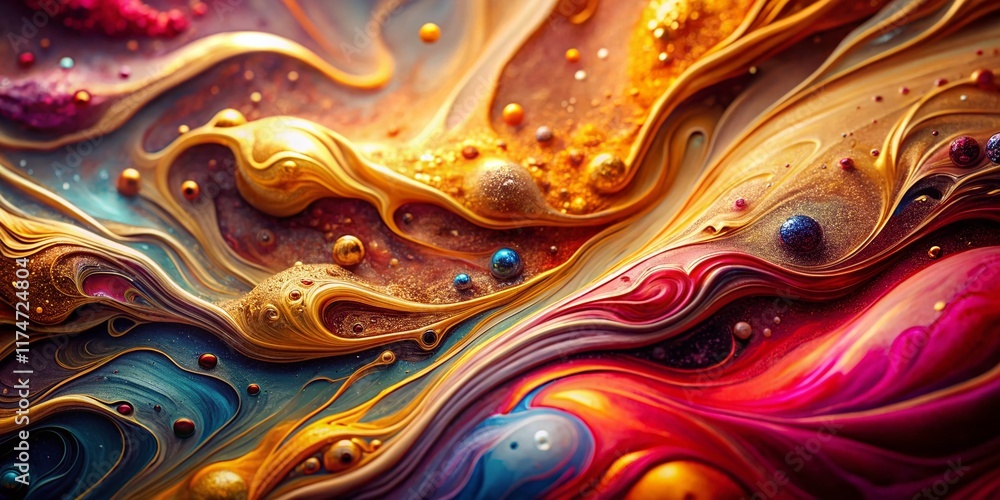 Fototapeta premium Abstract Fluid Art Texture: Iridescent Gold, Red & Pink Acrylic Paint Flow