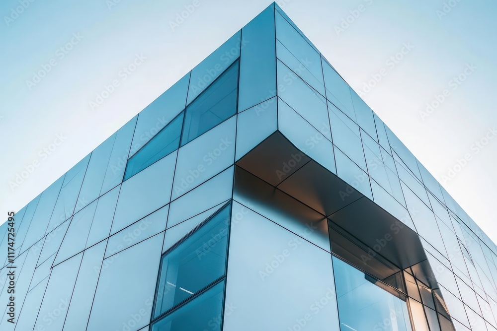 A modern geometric facade with angular glass panels and sleek metallic finishes A modern geometric facade with angular glass panels and sleek metallic finishes