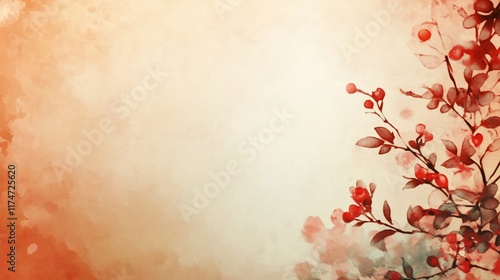 Wallpaper Mural Soft, pastel colored floral branch with red berries, light orange background. Torontodigital.ca