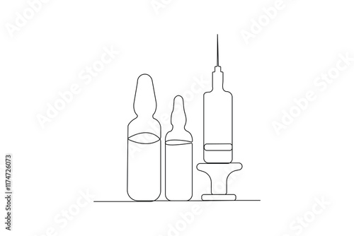 Medical ampules with syringe line art drawing. Medical concept background.