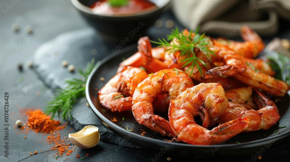 Delicious fried prawns with spices and sauce on a plate, AI generated image Delicious fried prawns with spices and sauce on a plate, AI generated image