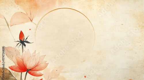 Fototapeta Naklejka Na Ścianę i Meble -  Delicate lotus flowers on textured paper with a circle, soft watercolor style, Asian aesthetic.