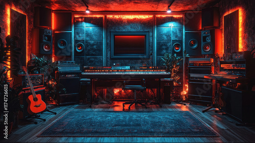 Wallpaper Mural A music studio with guitars, keyboards, and soundproof panels lit by ambient lighting Torontodigital.ca
