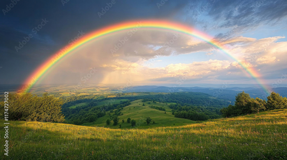 Naklejka premium A rainbow arching over a rural landscape with rolling green hills