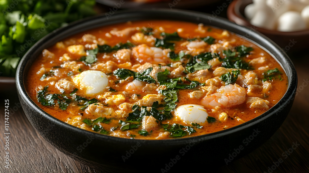 Spicy seafood soup with shrimp, chicken, and egg in a dark bowl. Spicy seafood soup with shrimp, chicken, and egg in a dark bowl.