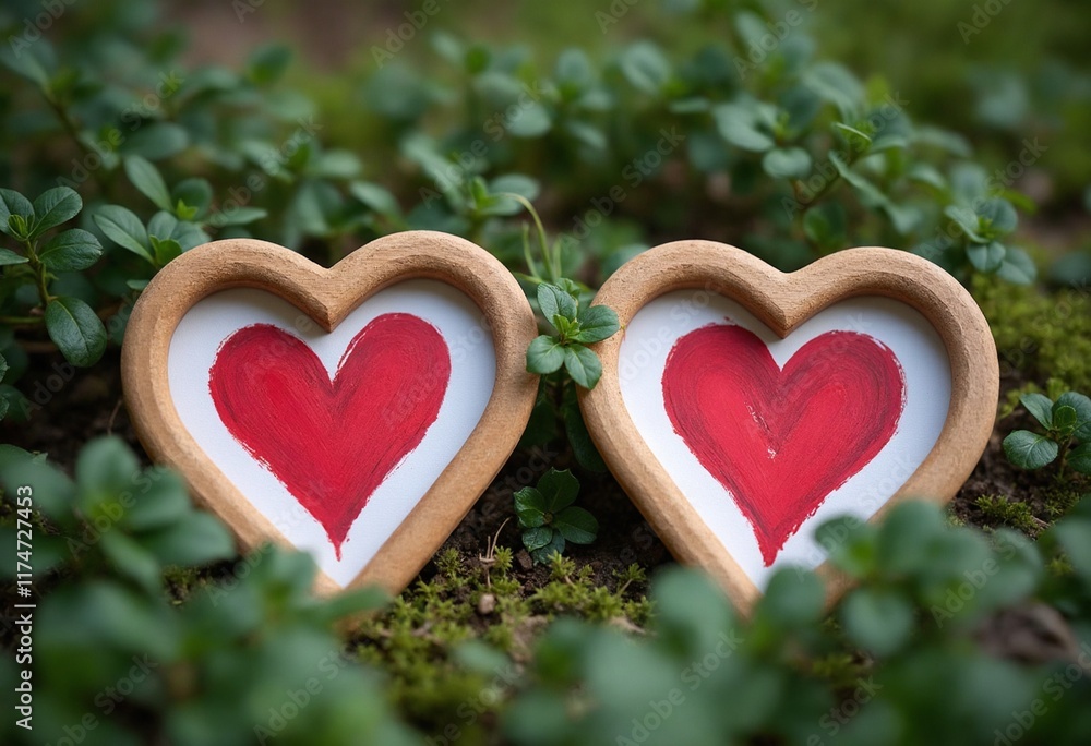 Wooden Heart Frames Encasing Painted Hearts Amidst Greenery Wooden Heart Frames Encasing Painted Hearts Amidst Greenery