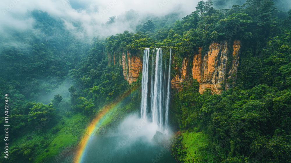 Fototapeta premium A rainbow reflected in a misty waterfall in a lush forest setting