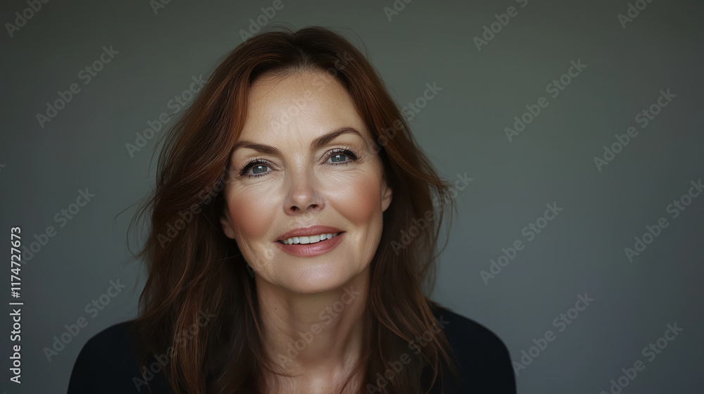 Woman with long brown hair and natural smile. Business and success concept Woman with long brown hair and natural smile. Business and success concept