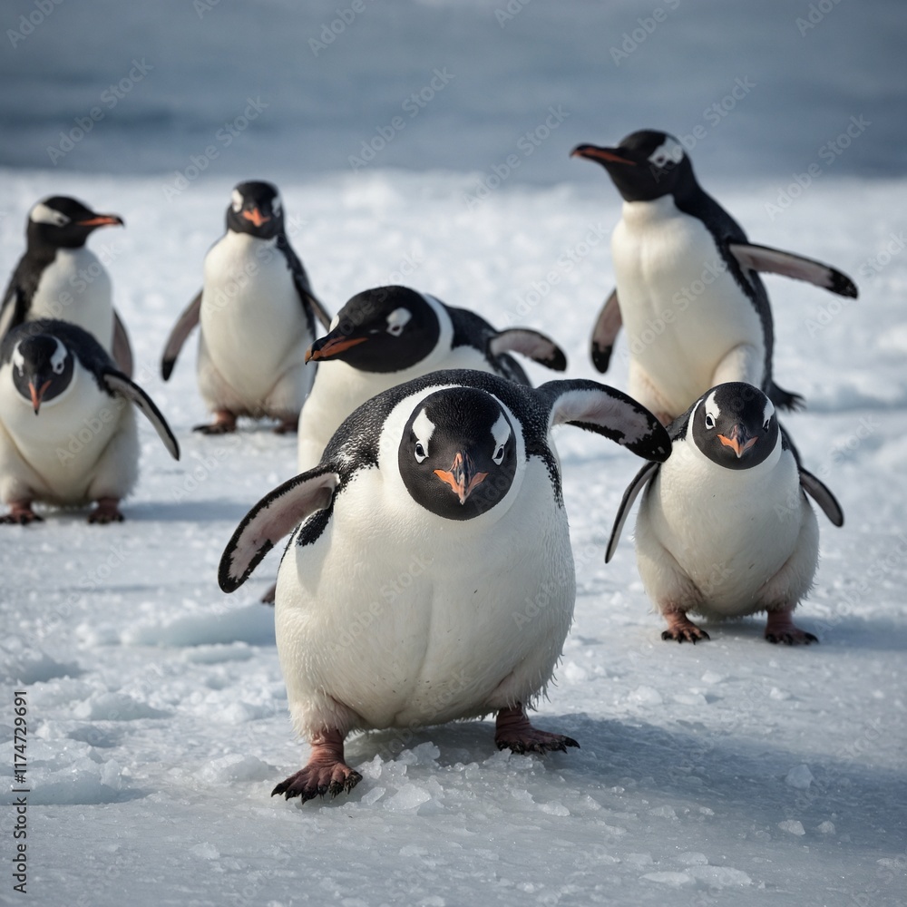 Obraz premium A group of white penguins sliding across icy snow.