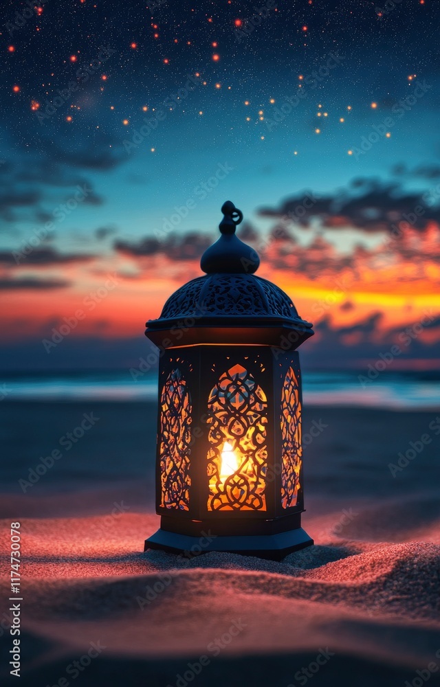 Creation of a Ramadan Mubarak scene with a lantern and text in the sky background at night, on a sand beach with copy space for text design element decoration of a Muslim holiday celebration. Random Creation of a Ramadan Mubarak scene with a lantern and text in the sky background at night, on a sand beach with copy space for text design element decoration of a Muslim holiday celebration. Random