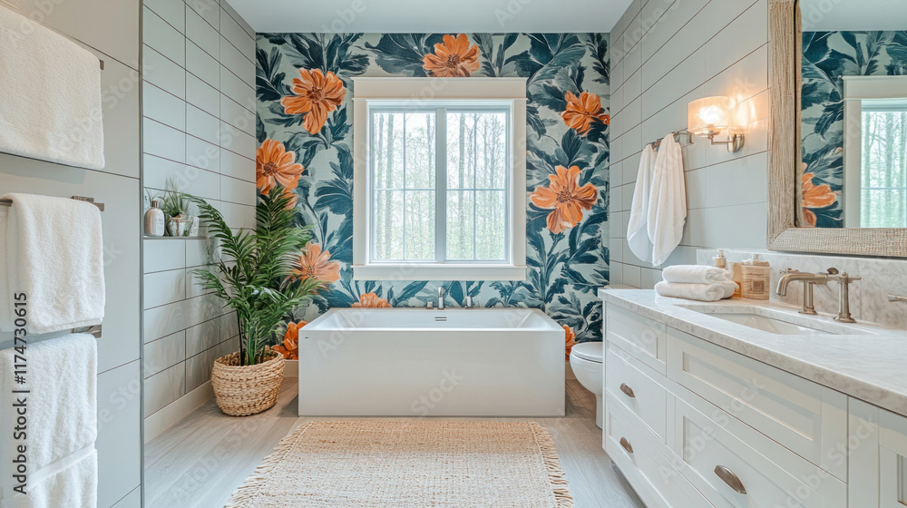 An inviting guest bathroom with cheerful wallpaper, fresh towels, and stylish lighting An inviting guest bathroom with cheerful wallpaper, fresh towels, and stylish lighting