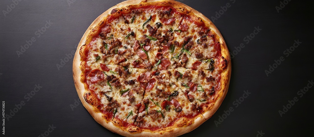Dark gray background with a pizza on the left side, top view. Space for text. Stock photo contest winner, award-winning photography, high resolution, high detail, three-dimensional effect, photorealis Dark gray background with a pizza on the left side, top view. Space for text. Stock photo contest winner, award-winning photography, high resolution, high detail, three-dimensional effect, photorealis